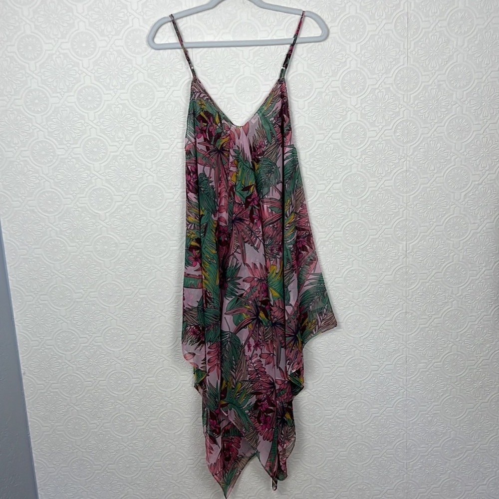 Paparazzi Swim Coverup Sheer Flowy Dress Tunic‎ Pink Green Leaf Flowers Floral